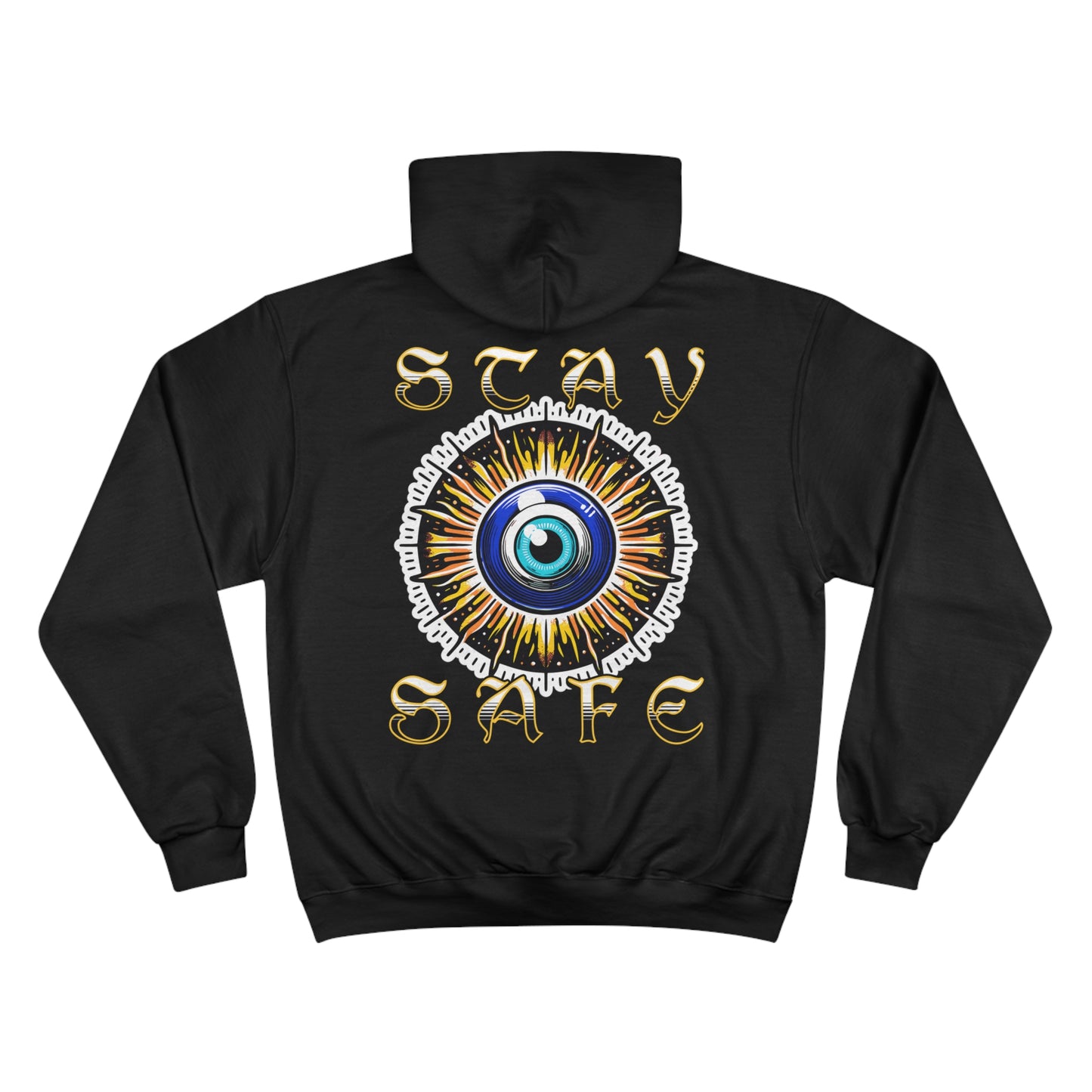 Cozy hoodie featuring a protective Evil Eye design and the uplifting text 'Stay Safe,' blending spiritual symbolism with modern comfort for daily protection and style